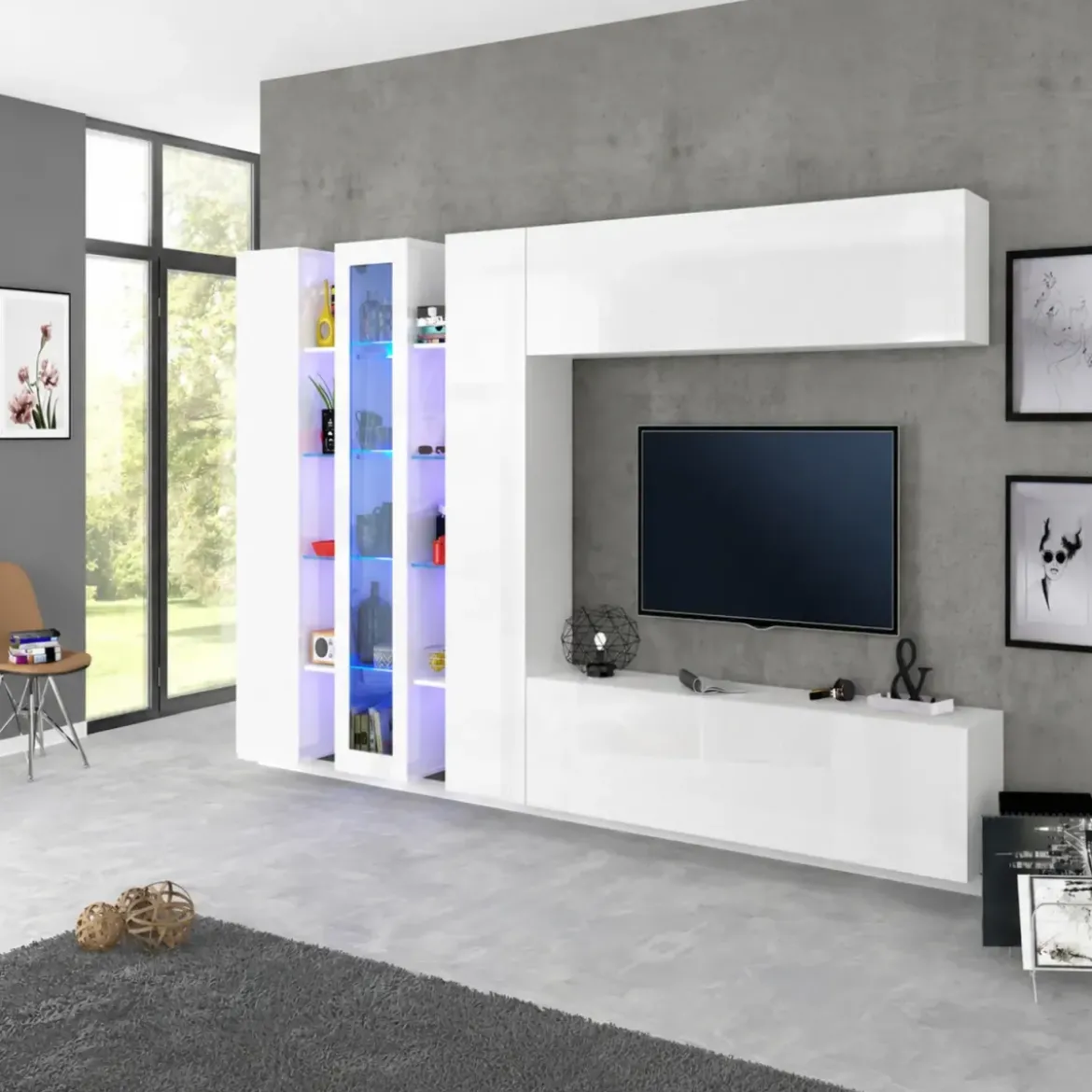 Parete Attrezzata Soggiorno Asimmetrica 340cm Colonne Vetrina Porta Tv