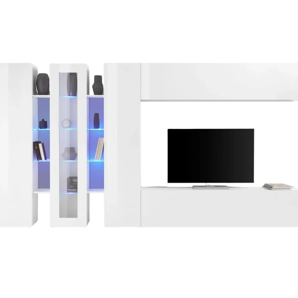 Parete Attrezzata Soggiorno Asimmetrica 340cm Colonne Vetrina Porta Tv