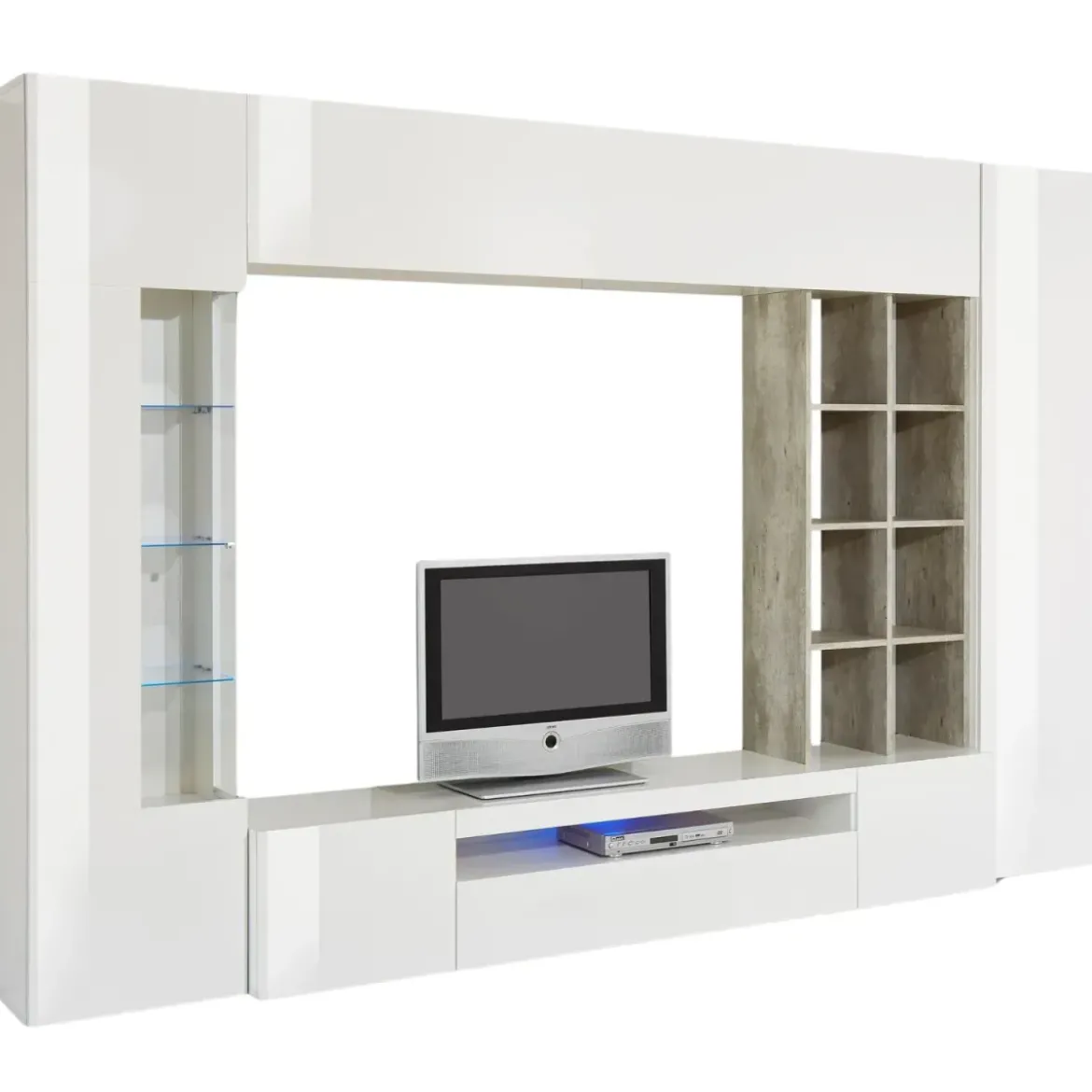 Parete Attrezzata TV Moderna 290 cm in Legno Bianco Lucido Cemento