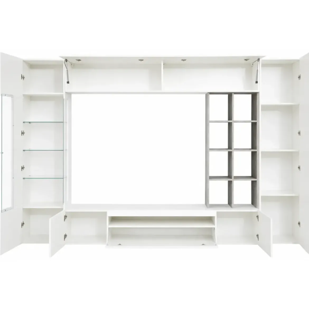 Parete Attrezzata TV Moderna 290 cm in Legno Bianco Lucido Cemento
