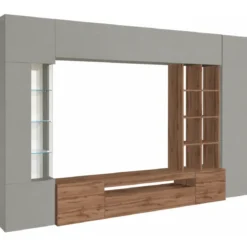 Parete Attrezzata TV Vetrina Pensili 290 cm in Legno Tortora Rovere