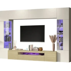 Parete Attrezzata 2 Vetrine Porta TV Libreria Beige Rovere Soggiorno