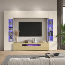 Parete Attrezzata 2 Vetrine Porta TV Libreria Beige Rovere Soggiorno