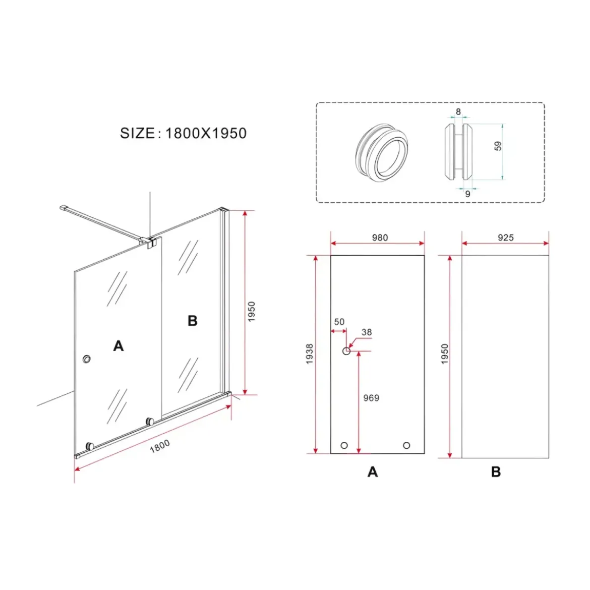 Parete Doccia Walk In 8 mm 100 120 140 160 180 Box Anta Scorrevole