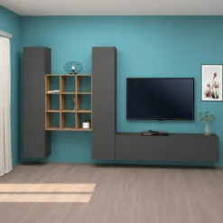 Parete Soggiorno Attrezzata 350 cm TV Colonne Libreria Antracite Rovere