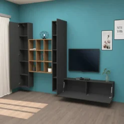 Parete Soggiorno Attrezzata 350 cm TV Colonne Libreria Antracite Rovere