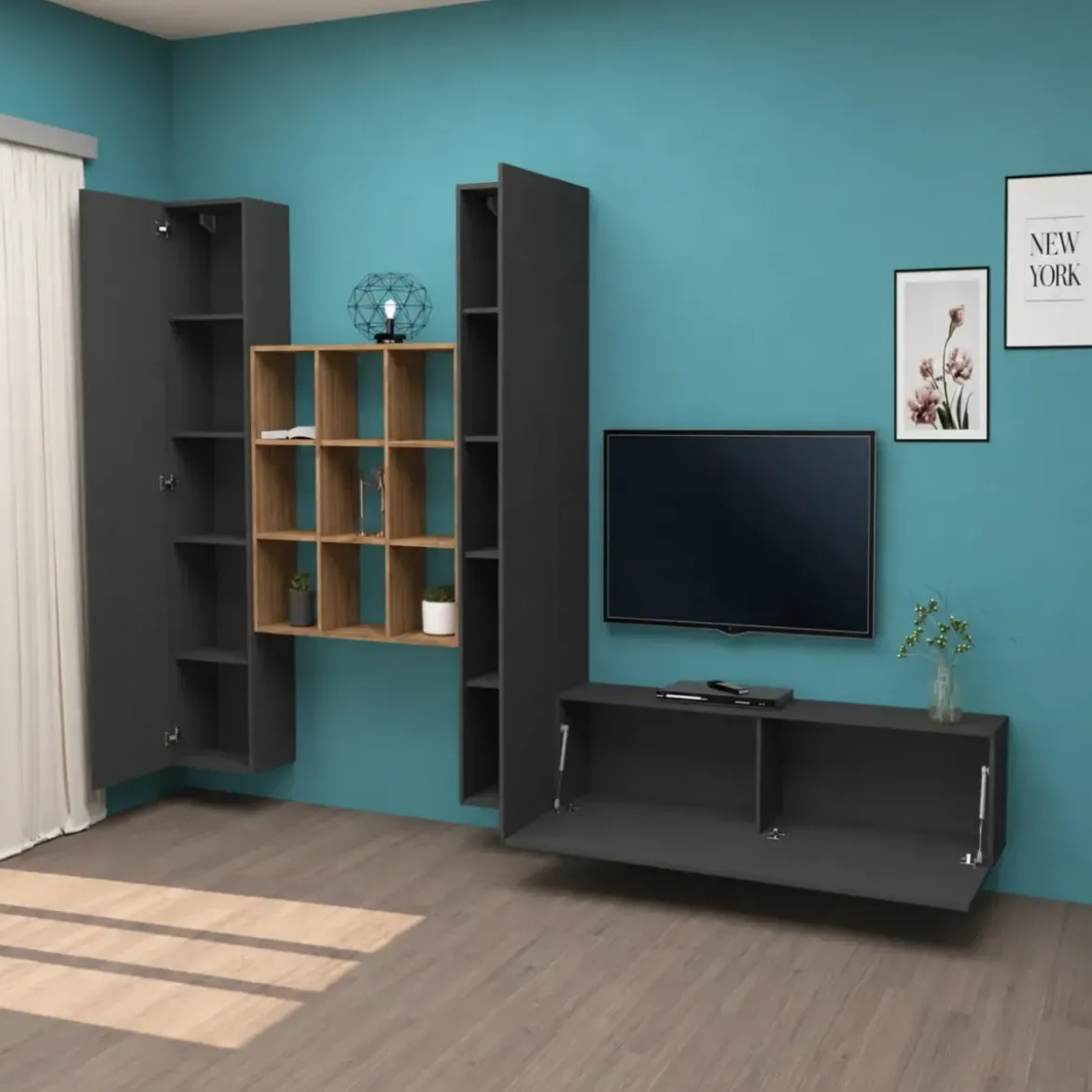 Parete Soggiorno Attrezzata 350 cm TV Colonne Libreria Antracite Rovere