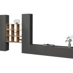 Parete Soggiorno Attrezzata 350 cm TV Colonne Libreria Antracite Rovere