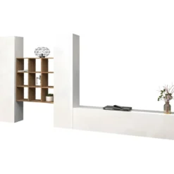 Parete Soggiorno Attrezzata 350 cm TV Colonne Libreria Bianco Rovere