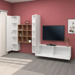 Parete Soggiorno Attrezzata 350 cm TV Colonne Libreria Bianco Rovere