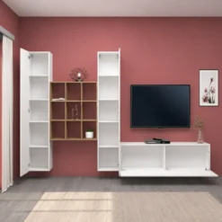 Parete Soggiorno Attrezzata 350 cm TV Colonne Libreria Bianco Rovere