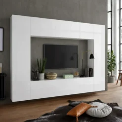 Parete Soggiorno Attrezzata Bianco Lucido Porta TV Pensile Vasistas