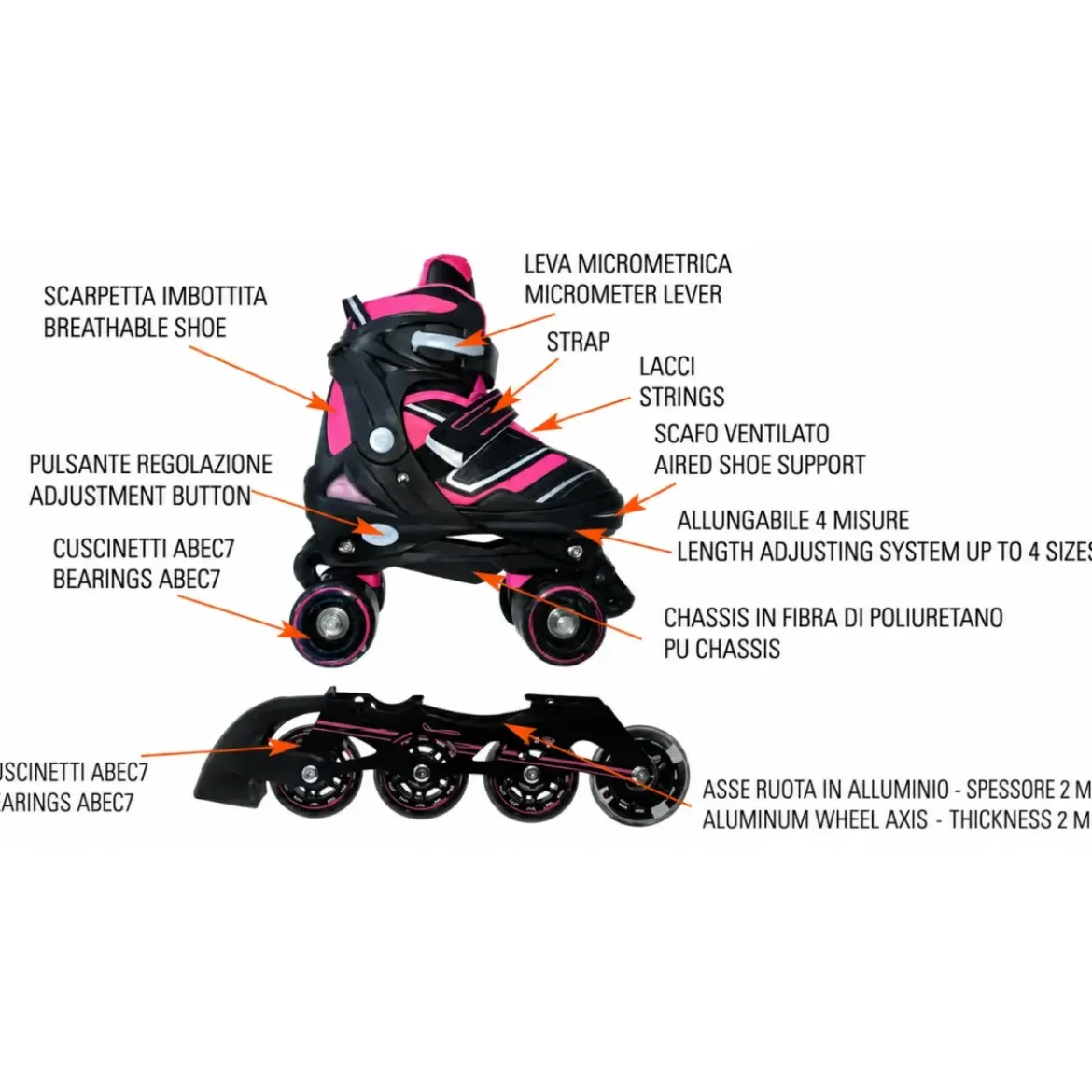 Pattini Bambini 2 in 1 M 34-37 Trasformabili a Rotelle in Linea Fucsia