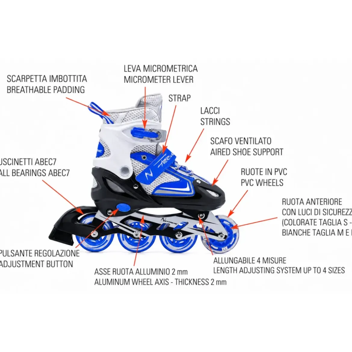 Pattini per Bambini in Linea Regolabili 34-37 Blu Cuscinetti ABEC 7