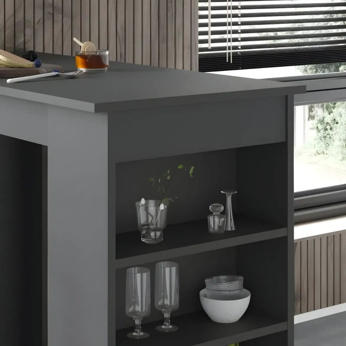 Penisola Cucina Alta 117x54 Tavolo Snack Antracite Ripiani Salvaspazio