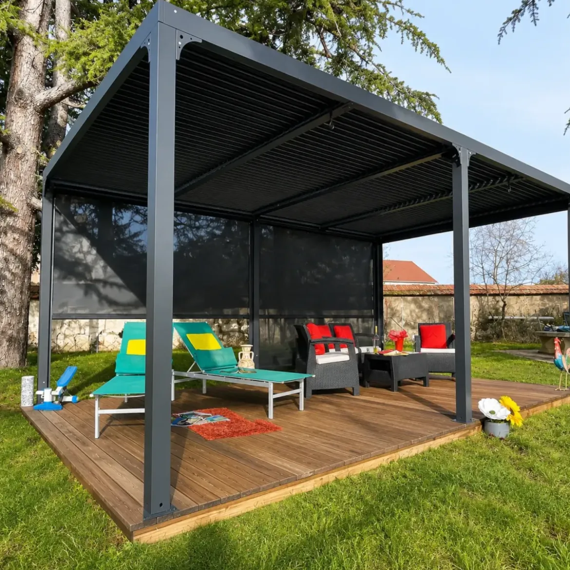 Pergola Bioclimatica Doppia 360x600 in Alluminio con 2 Tende Laterali