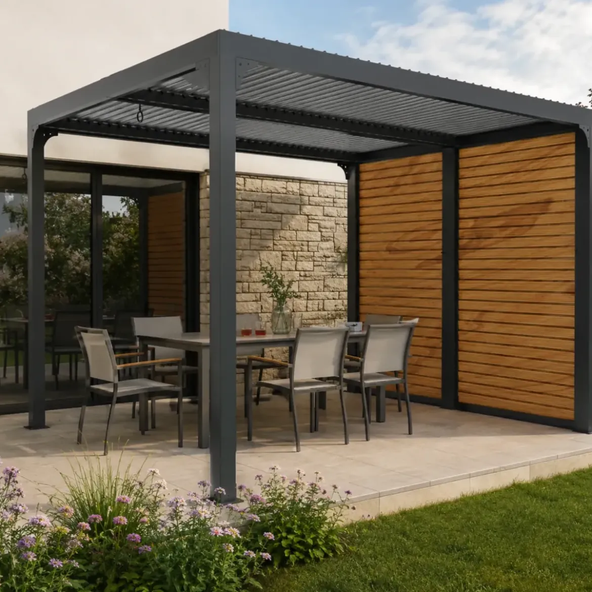 Pergola Bioclimatica in Alluminio 240x300 con Frangisole Simil Legno