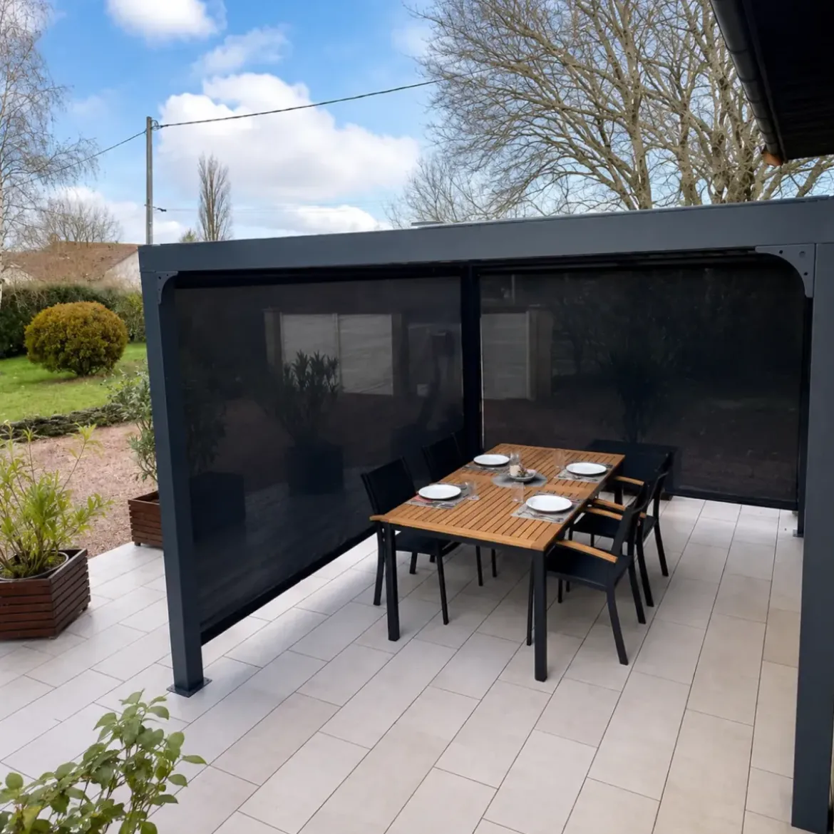 Pergola Bioclimatica in Alluminio 360x300 cm con 2 Teli Laterali Grigi
