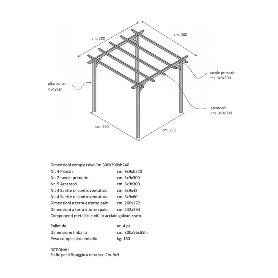 Pergola in Legno 3x3 Gazebo da Giardino Tettoia Pergolato Copertura
