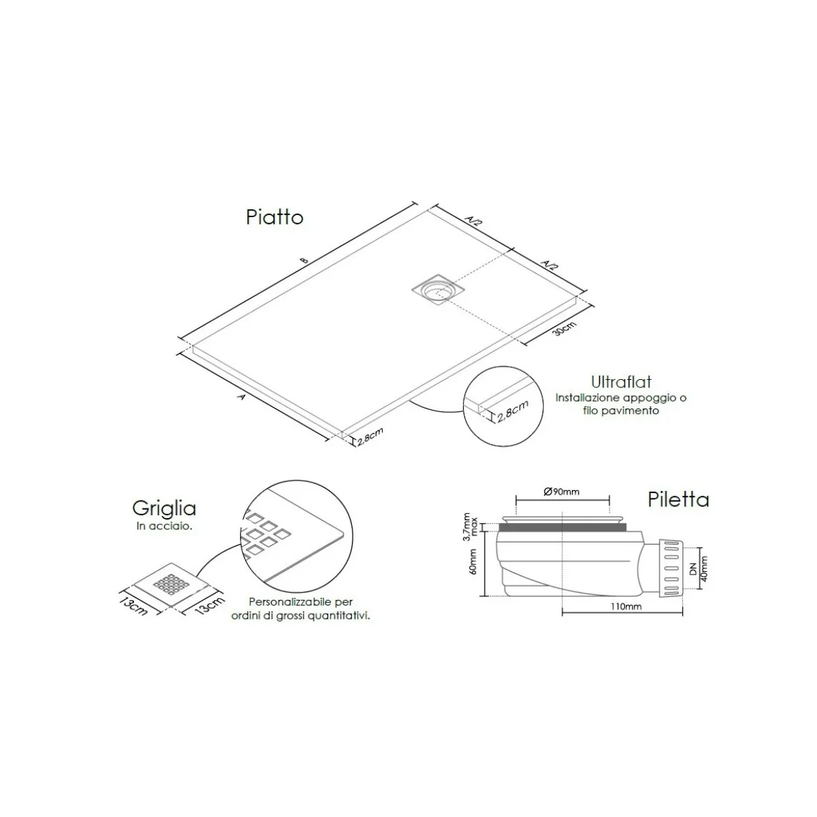 Piatto Doccia Bianco Rettangolare Ardesia Effetto Pietra Slim 70 80 90 100