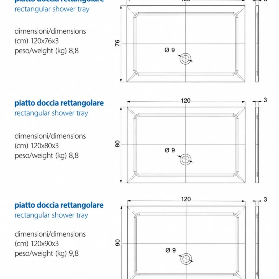 Piatto Doccia in Resina Rettangolare o Quadrato 72 90 76 120 80 120 90 120 Slim