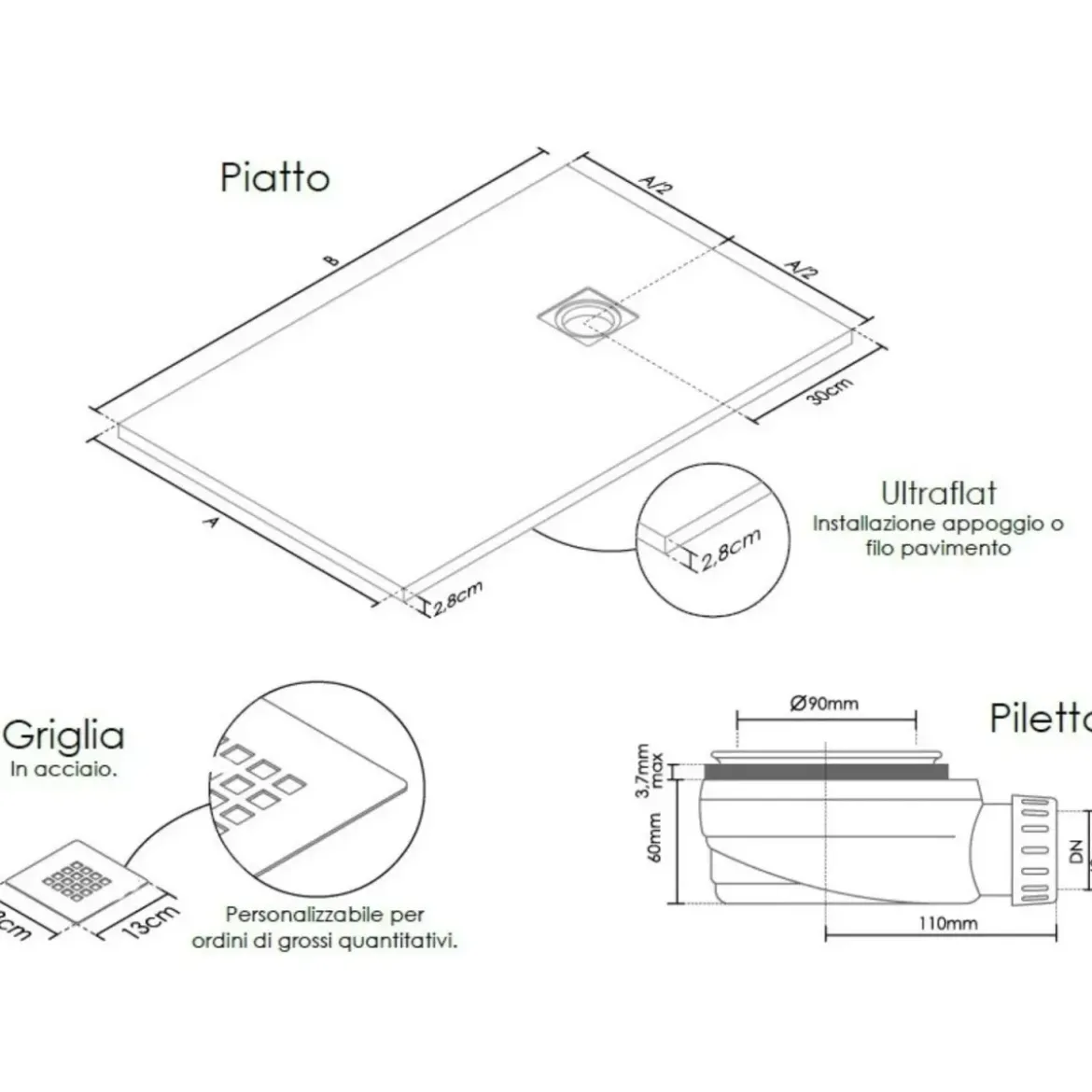 Piatto Doccia Nero Effetto Pietra Slim Filo Pavimento 70 80 100 120 140 Piletta