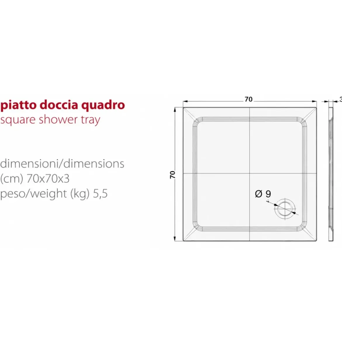 Piatto Doccia Quadrato in Resina 76x76x3 cm Ultrasottile Antiscivolo
