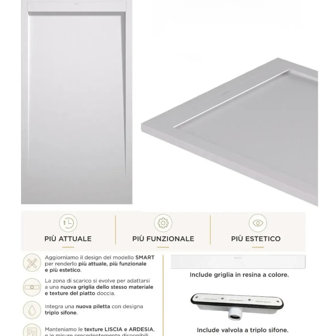 Piatto Doccia Slim Bianco Effetto Pietra Ruvido Filo Pavimento Piletta Scarico