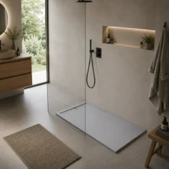 Piatto Doccia Slim Grigio Marmoresina Effetto Pietra Ruvido Pavimento Piletta