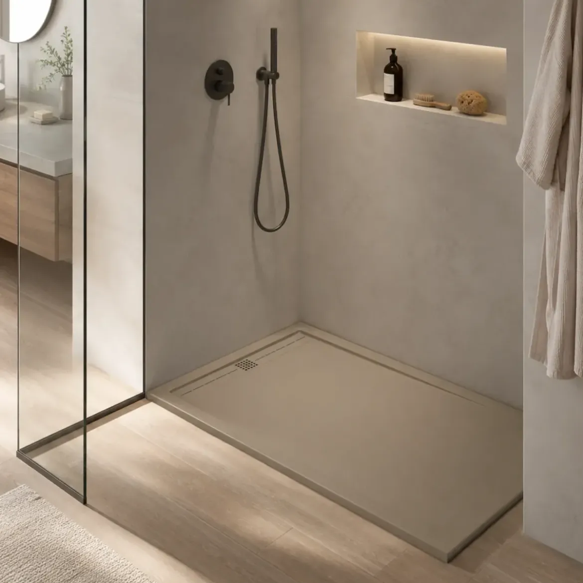 Piatto Doccia Slim Moka in Resina Marmo Effetto Pietra Filo Pavimento Moderno