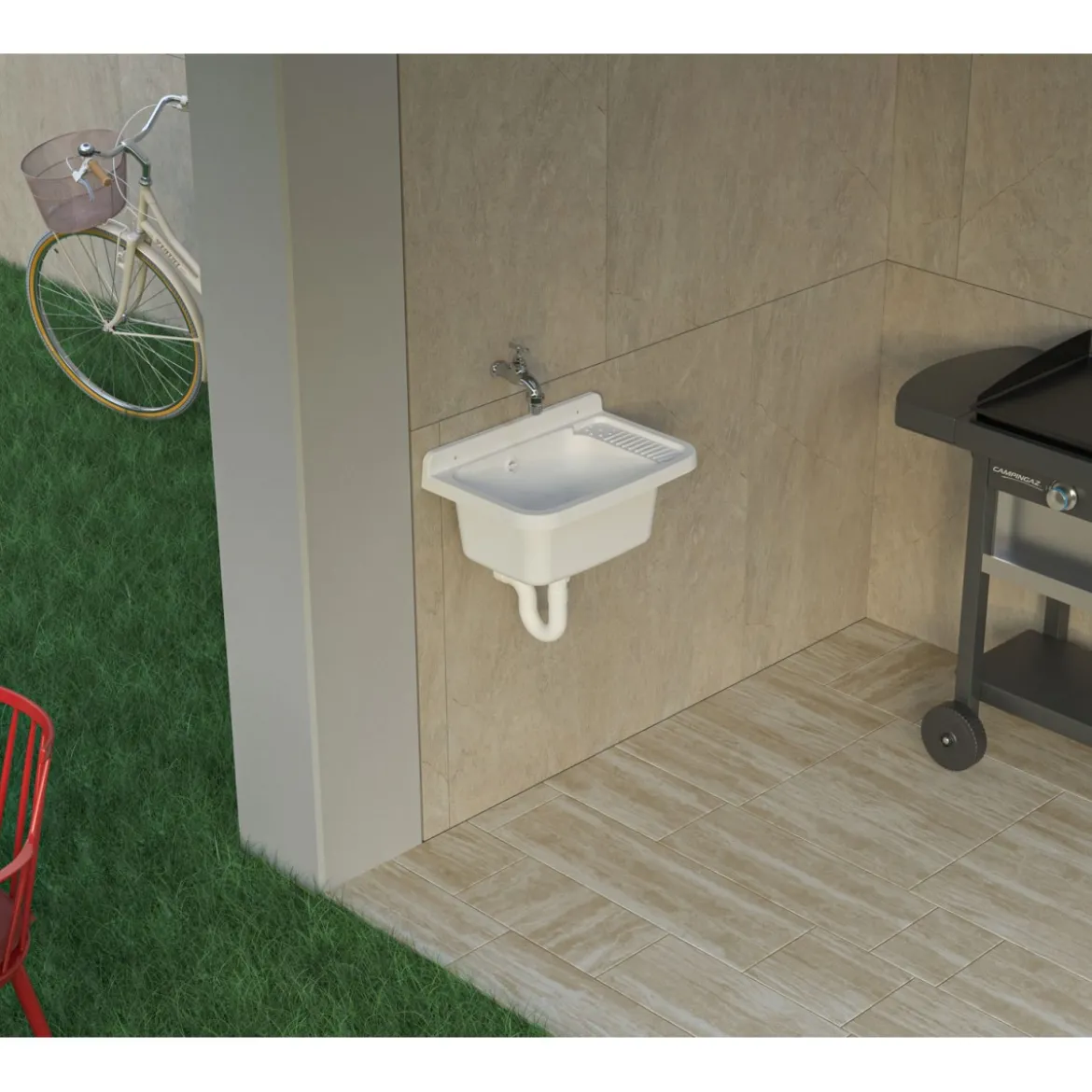 Pilozzo Lavabo in Resina 59x39x28 cm da Esterno Sifone e Kit Montaggio