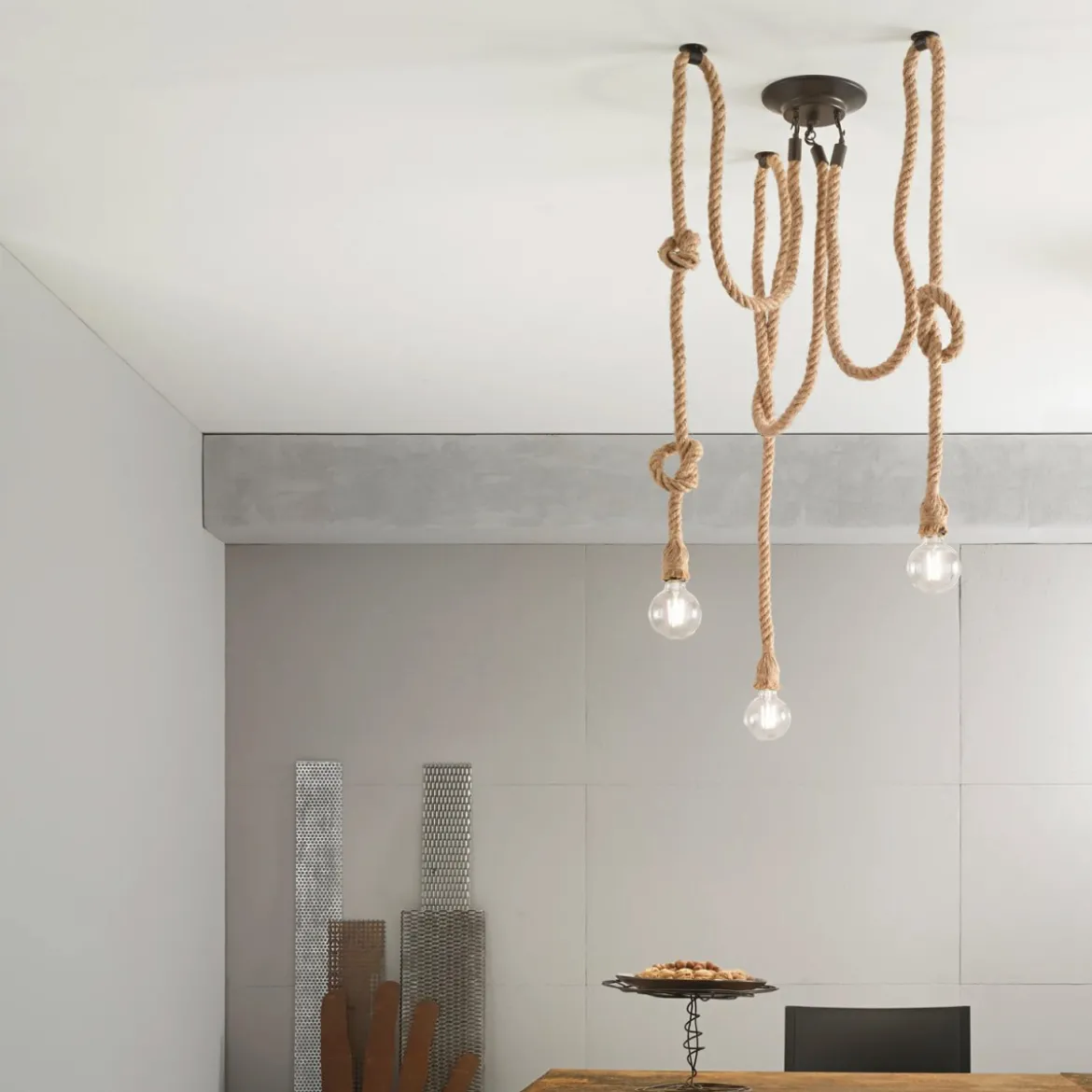 Plafoniera con 3 Punti Luce Lampada a Soffitto in Corda Vintage