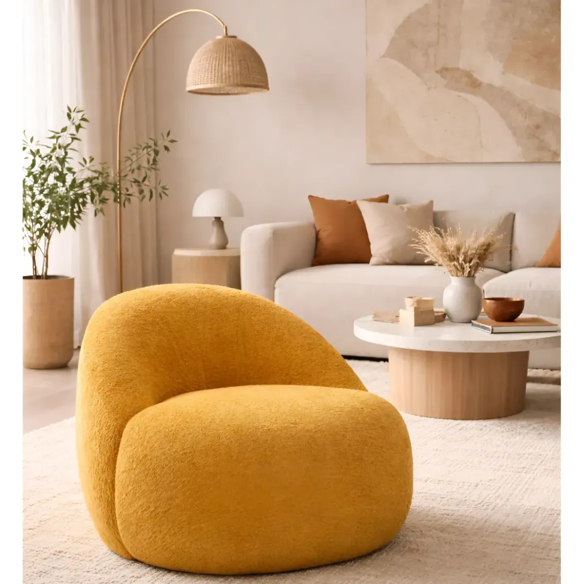 Poltrona Bouclé Senape Seduta Imbottita Moderna per Salotto Lounge