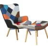Poltrona con Poggiapiedi Patchwork Struttura in Acciaio Gambe in Legno