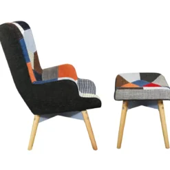 Poltrona con Poggiapiedi Patchwork Struttura in Acciaio Gambe in Legno