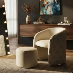 Poltrona con Pouf Poggiapiedi Bianco Similpelle per Soggiorno Camera