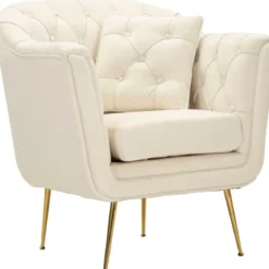 Poltrona Imbottita in Spugna Crema con Cuscino Gambe in Metallo
