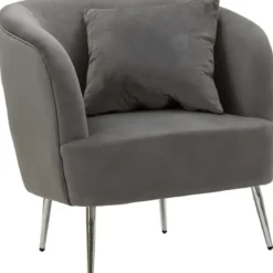Poltrona Imbottita in Velluto Grigio con Cuscino Gambe in Metallo