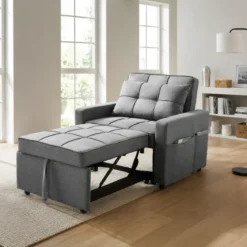 Poltrona Letto per Soggiorno Camera da Letto Tessuto Grigio Tasche Laterali