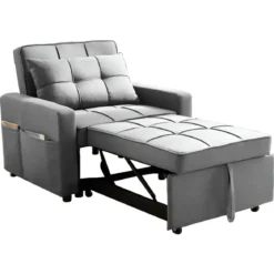 Poltrona Letto per Soggiorno Camera da Letto Tessuto Grigio Tasche Laterali