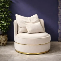 Poltrona Rotonda in Velluto Crema Finiture Oro Salotto Camera da Letto