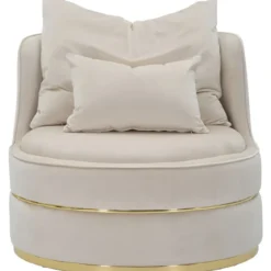Poltrona Rotonda in Velluto Crema Finiture Oro Salotto Camera da Letto