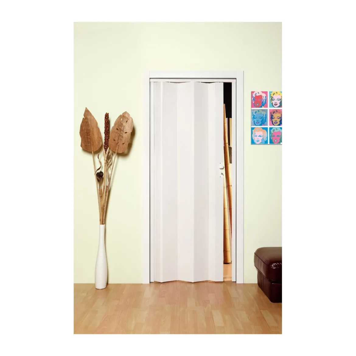 Porta a Soffietto in PVC 83x214 Su Misura Bianca Maniglia Serratura Riducibile
