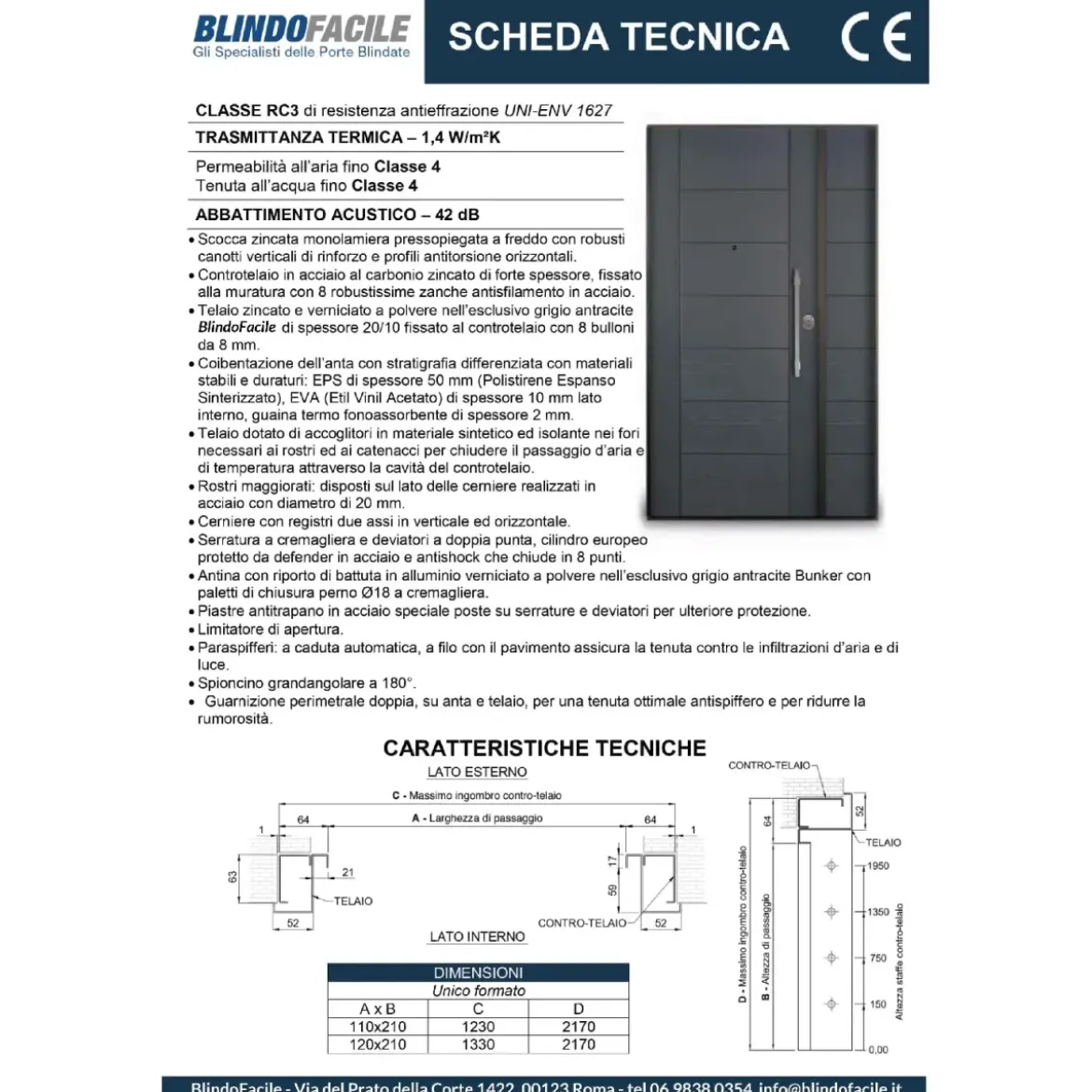 Porta Blinda 2 Ante da Interno Configurabile Classe 3-4 Noce e Bianco