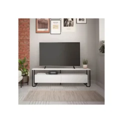 Porta TV in Legno Basso Bianco con Due Ante a Ribalta Piedi in Metallo Mobile