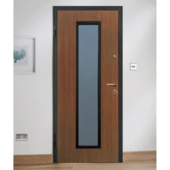 Portone Vetrato Blindato con Vetro e Pannello in Vetroresina per Esterno Noce
