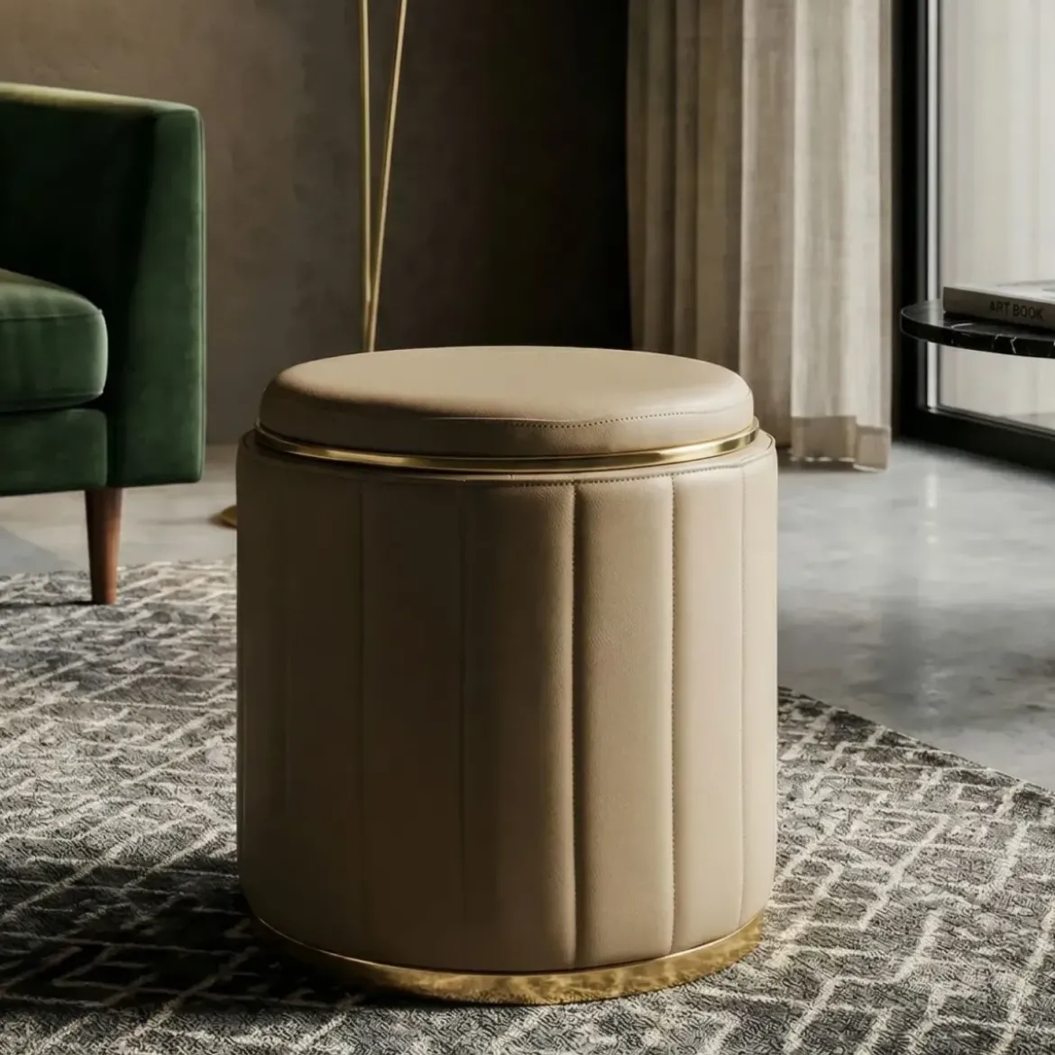 Pouf con Contenitore Similpelle Marrone Oro Moderno Soggiorno Camera