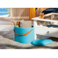 Pouff con Maniglia Contenitore Azzurro Tondo Puff Portaoggetti da Salotto