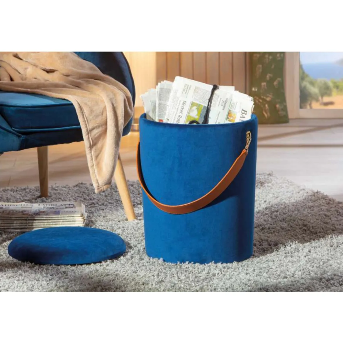 Pouff Contenitore Blu Tondo Puff Portaoggetti Sgabello con Maniglia