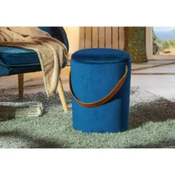 Pouff Contenitore Blu Tondo Puff Portaoggetti Sgabello con Maniglia